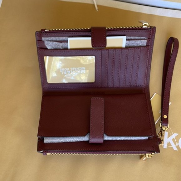 Michael Kors Jet Set Travel Large Double Zip Wristlet Wallet Merlot Leather - Picture 15 of 16